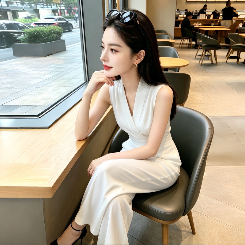 White V-Neck Jumpsuit for Women, High-Waisted Wide-Leg Pants, 2026 Summer New Style, Elegant Goddess Style, High-End Jumpsuit White V-Neck Jumpsuit for Women, High-Waisted Wide-Leg Pants, 2026 Summer New Style, Elegant Goddess Style, High-End Jumpsuit