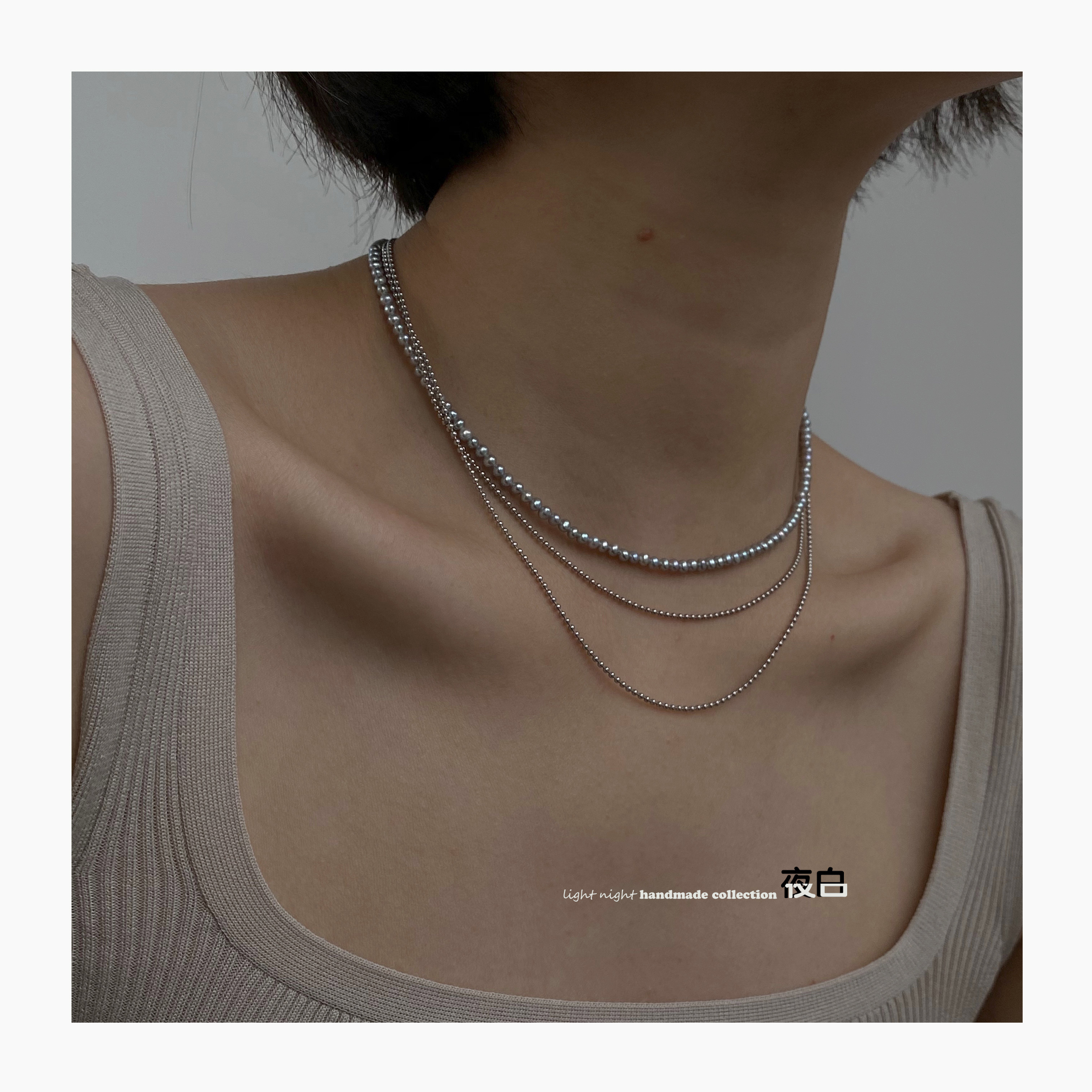 Multi-level silver gray natural freshwater 3mm small pearl 925 Sterling Silver necklace without gender multiple wearing method set chain