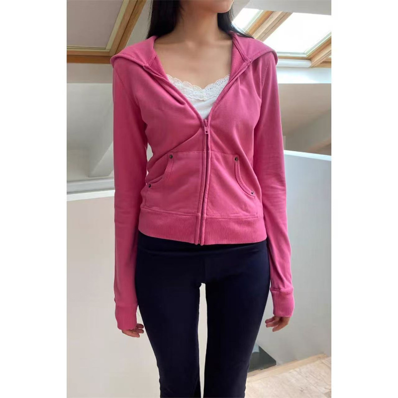 Bm Station Girlish Pink Hooded Zip-Up Sweatshirt Jacket for Women, Bm Autumn Jacket, New Slim-Fit Short Cardigan Bm Station Girlish Pink Hooded Zip-Up Sweatshirt Jacket for Women, Bm Autumn Jacket, New Slim-Fit Short Cardigan
