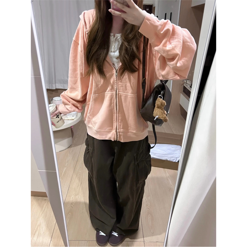 Bm Small Station American-Style Salmon-Colored Orange Hooded Sweatshirt for Women, Oversized Bm New Style, Lazy Style, Loose-Fitting Autumn Jacket