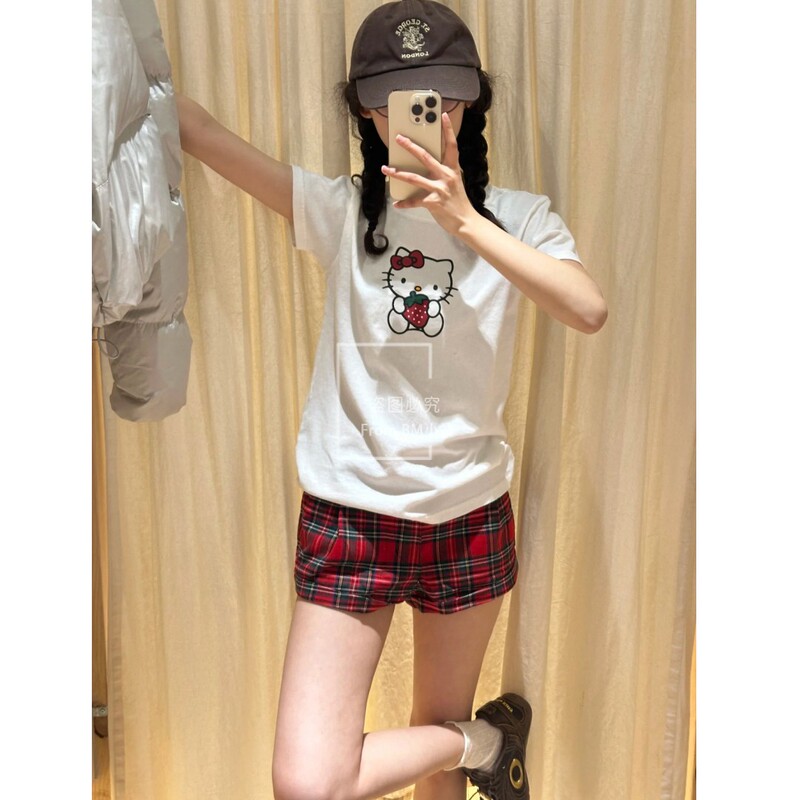 Bm American Style Spicy Girl Red Plaid Shorts Casual Pants Women's Versatile Low-Waist Loose Slimming Wide-Leg Pants