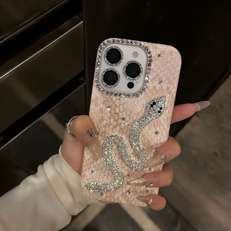 Pink Glitter Diamond Snake Pattern Case Suitable for Apple 16 Phone Case 16Pro New Model Iphone16Promax Cover 15 Silicone 13 Anti-Drop 14 Full Coverage 12 Female Promax Suitable for Pro