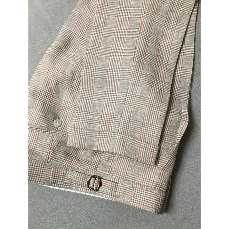 Summer Thin Pants for Men, Pure Linen, Prince's Check Pattern, Naples-Style Trousers, Paris Button, Small Straight Leg, Cuffed
