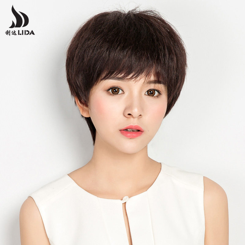 Hand-woven wig female short hair short straight hair real hair middle-aged and elderly mother wig set full headgear natural hairstyle