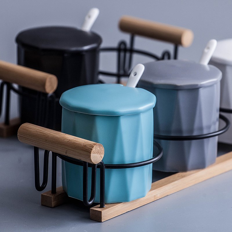 Seasoning box Nordic style kitchen put salt sugar monosodium glutamate home creative seasoning jar set multi-functional covered ceramic