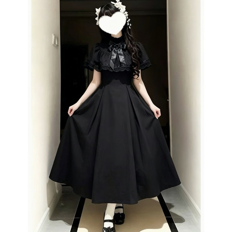 【Black Gangster's Daughter】Japanese Dark Gothic Style Retro Black Cape Waist-Cinching Mid-Length Lolita Dress