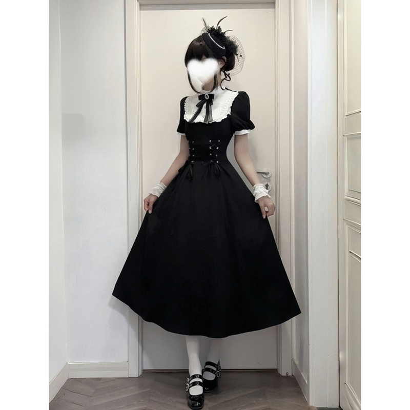 【Witch's Prelude】Japanese-Style Light Gothic Dark Elegant Ladylike Design Black and White Contrast Waist-Cinching Dress 【Witch's Prelude】Japanese-Style Light Gothic Dark Elegant Ladylike Design Black and White Contrast Waist-Cinching Dress