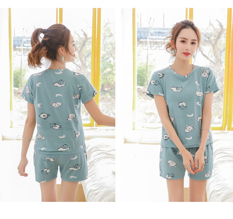 Bộ đồ ngủ nữ cotton mùa hè ngắn tay hai mảnh phù hợp với mùa hè Phiên bản Hàn Quốc của sinh viên tươi hè mùa hè mỏng phần dịch vụ tại nhà mùa xuân và mùa hè - Cặp đôi bộ đồ ngủ