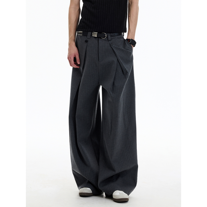 Maxdstr Old Money Style High-End A-Line Pleated Button Striped Wide-Leg Casual Trousers Men's Long Pants Maxdstr Old Money Style High-End A-Line Pleated Button Striped Wide-Leg Casual Trousers Men's Long Pants