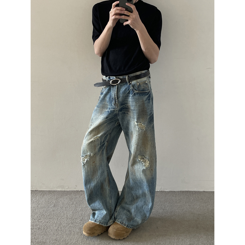Maxdstr Small Curved Knife Cut Style Distressed and Dyed Heavy Denim Jeans for Men, Loose Fit, American Retro Style Long Pants Maxdstr Small Curved Knife Cut Style Distressed and Dyed Heavy Denim Jeans for Men, Loose Fit, American Retro Style Long Pants