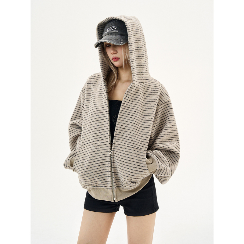 Maxdstr American Retro 2026 Early Spring New Stripesd Zipper Cardigan Hooded Sweatshirt for Men and Women Couple Jacket