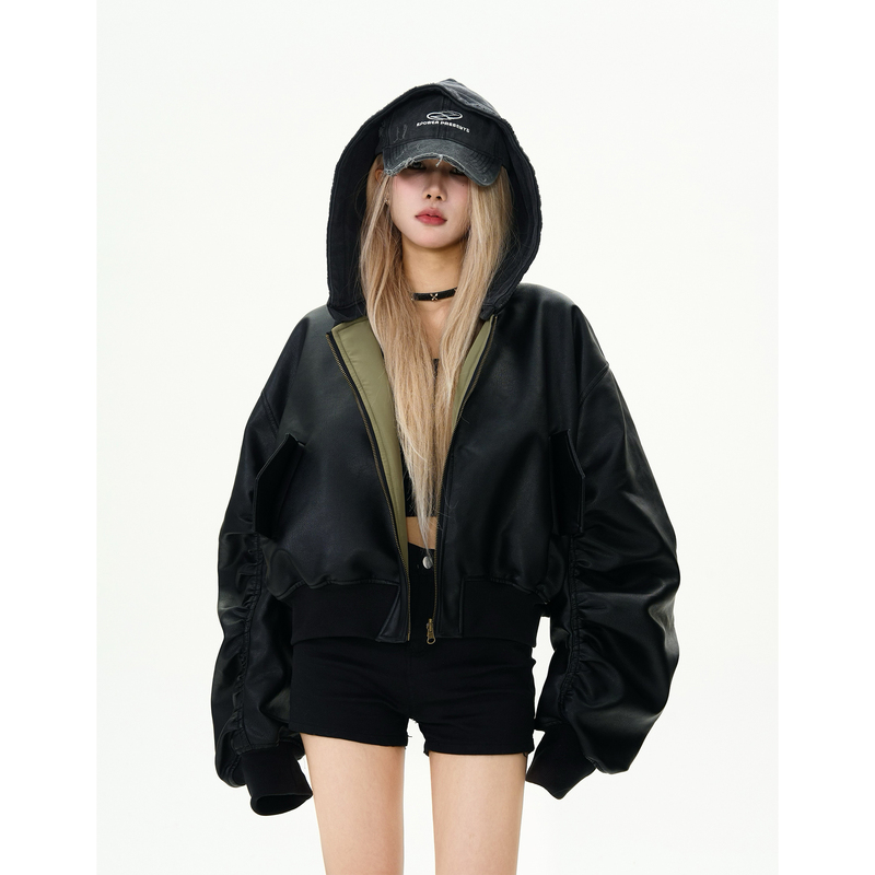 Maxdstr Detachable Hooded Reversible Bomber Leather Jacket for Men and Women, Short Wide Silhouette Flight Suit Jacket
