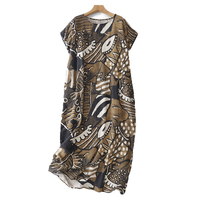 Fat MM's new retro literary print round neck loose short-sleeved dress for women's summer lazy temperament over-the-knee long skirt