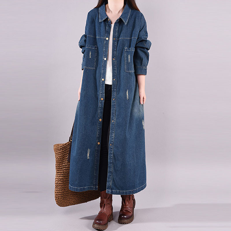 Spring Women's New Loose-Fitting Faded Solid Color Denim Skirt, Fashionable Plus-Size Korean Style Denim Shirt, Mid-Length Dress