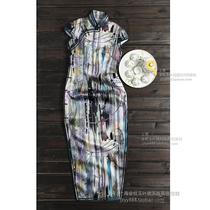  In the mood for love Light gray abstract vertical stripes thin printing silk moon sleeve Retro large lapel one-word buckle long cheongsam