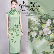  Literary cheongsam bean green pear flower kingfisher silk positioning Digital inkjet high-end custom daily lady annual meeting cheongsam