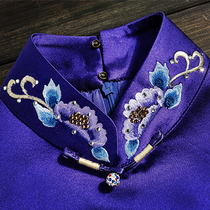 Chinese style modified sapphire blue silk embroidered peony patch gold and silver diamond half-sleeved short cheongsam dress without slits
