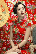 Spring and Summer Planting Northeast Red Peony Cotton Wedding Improved Short Sleeve Cheongsam Dress Bride Toast