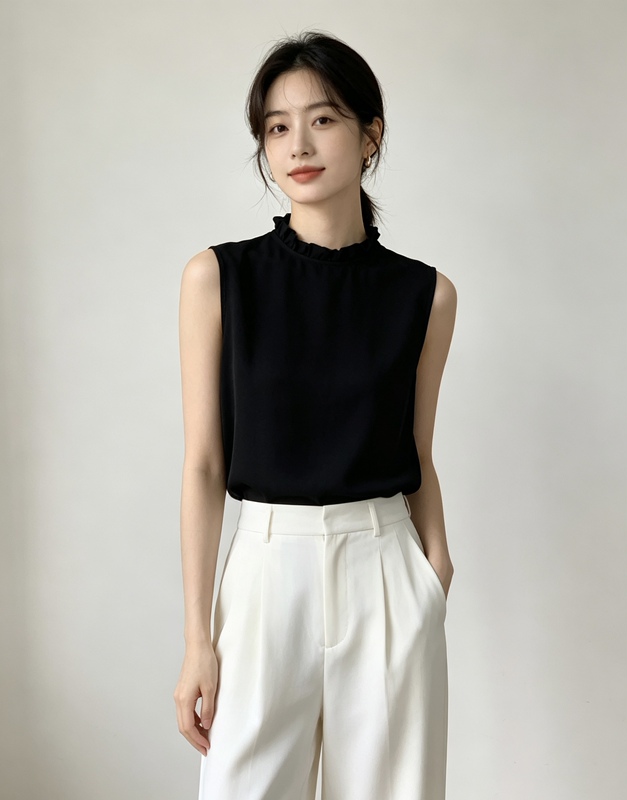 Natural Mulberry Silk/100% Mulberry Silk Jili Lake Silk/Chic Black Ruffled Collar Sleeveless Vest Natural Mulberry Silk/100% Mulberry Silk Jili Lake Silk/Chic Black Ruffled Collar Sleeveless Vest