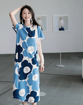 French tea break petite high-end temperament age-reducing long dress small fragrant blue flower print dress women summer