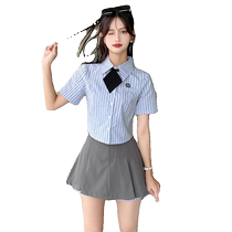 2024 new summer style French design niche western style college style striped short-sleeved shirt and short skirt pants two-piece set