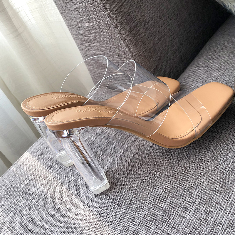 Transparent High-Heeled Sandals for Women, 2025 Summer New Fashion, Single Strap, Elegant Crystal Chunky Heel Sandals, Fairy Style