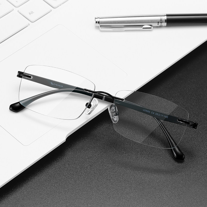 Color-changing rimless glasses men's ultra-light pure titanium anti-blue light diamond edge-cut glasses frame can be equipped with finished glasses degree