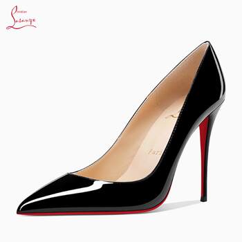 Lasanye2024 Spring and Autumn New Style Pointed-Toe Black Cl Red-Soled Shoes Genuine Leather Shallow Mouth Sexy Patent Leather High Heels