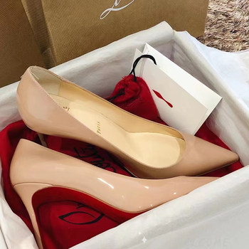 Nude-Colored High Heels with Cl Red Soles, Thin Heels, Pointed Toe, Shallow Mouth, Low Heels, Simple and Versatile New Style Genuine Leather Women's Shoes