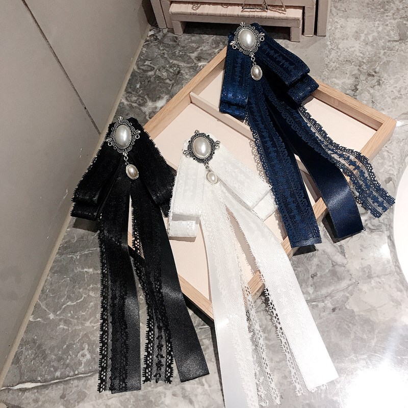 Korean Retro Lace Bow Long Necktie Hairpin Internet Celebrity Collar Flower Collar Pin Shirt Pin Brooch for Women