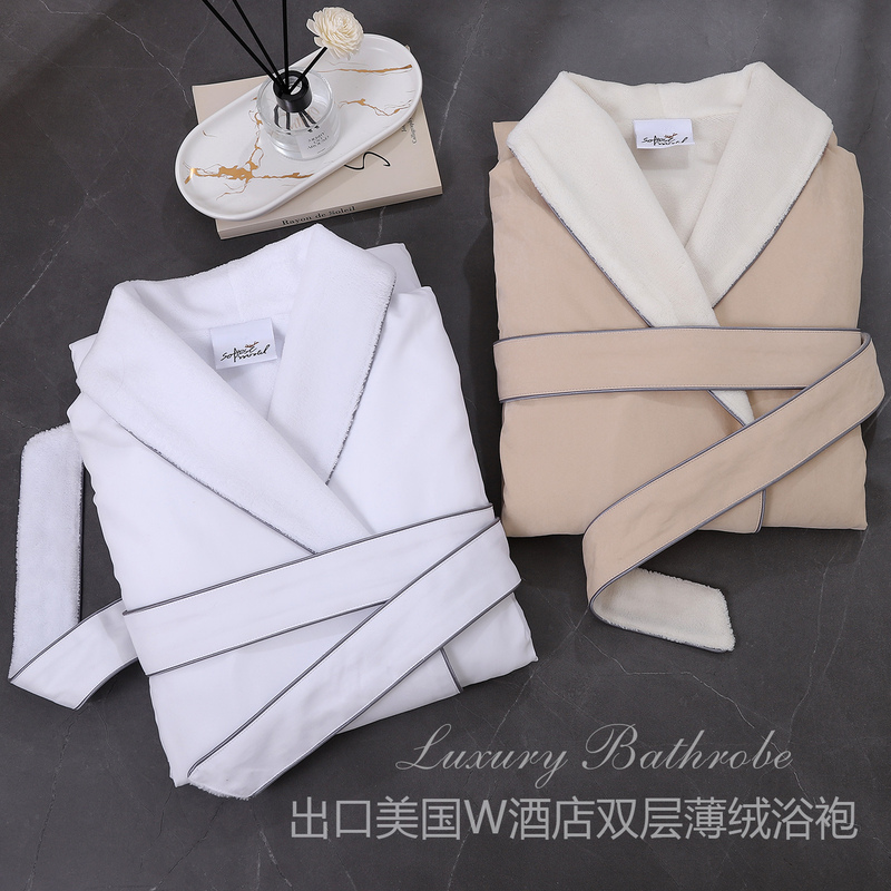 Five-Star W Hotel Style Bathrobe for Men and Women, Light Luxury, High-End Feel, Spring and Autumn Style, Double-Layer Thin Velvet Couple's Long Robe