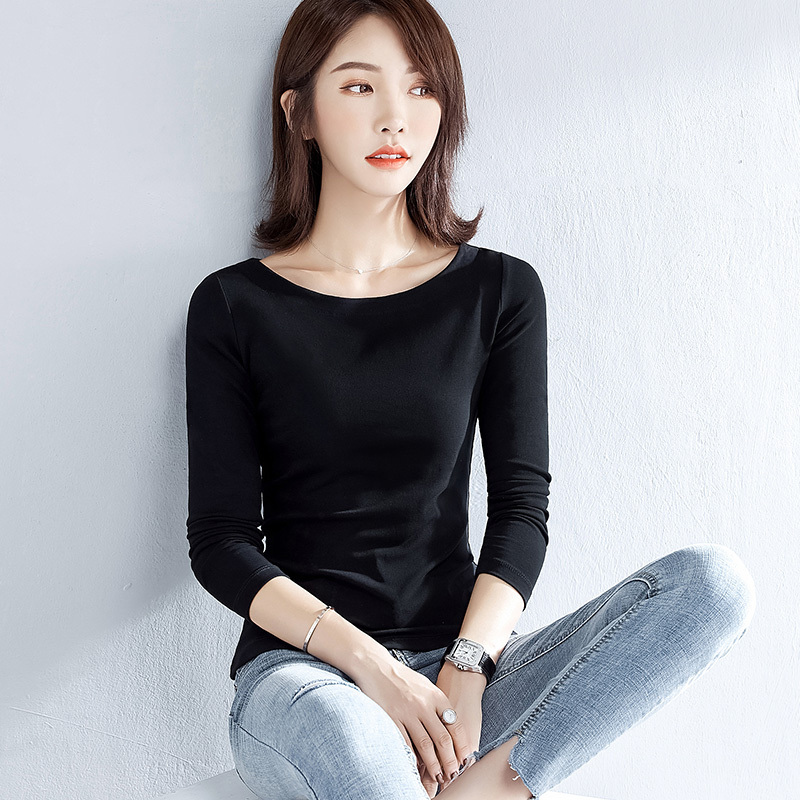 Black Slim-Fit Ribbed Cotton Half-Round Neck Base Shirt for Women, New Autumn and Winter Solid Color Versatile Long-Sleeve T-Shirt for Outerwear