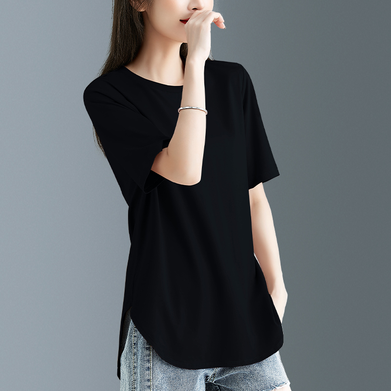 Black Asymmetrical Modal Cotton Short-Sleeve T-Shirt for Women, Summer Solid Color Loose Plus-Size Design Niche Tee Shirt
