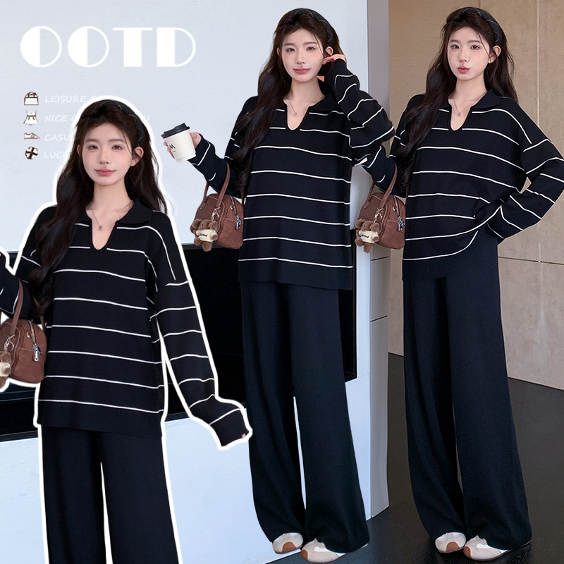 Trendy Maternity Wear for Autumn and Winter 2026 New Style Lazy Style Set Striped Knit Top Wide-Leg Pants High-End Trendy Maternity Wear for Autumn and Winter 2026 New Style Lazy Style Set Striped Knit Top Wide-Leg Pants High-End