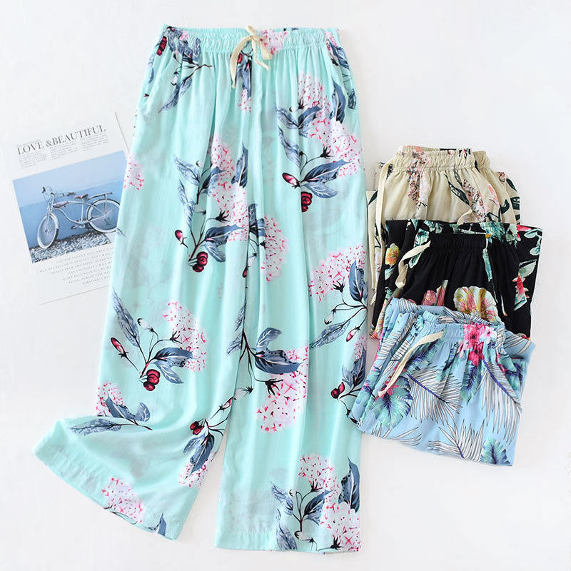 Summer women's eight-point wide-leg pants Cotton silk home pants Casual pants Artificial cotton loose thin pajamas can be worn outside