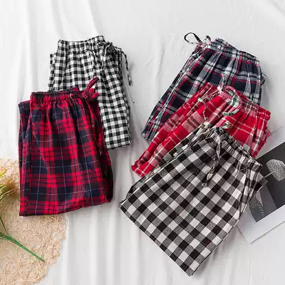 Spring and summer ladies cotton flannel home pants flannel plaid trousers thin loose large size casual can wear pajama pants