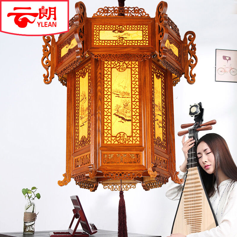 Yunlang Chinese solid wood imitation ancient sheep leather palace lamp lantern tea building balcony corridor outdoor waterproof chandelia New Year's Day