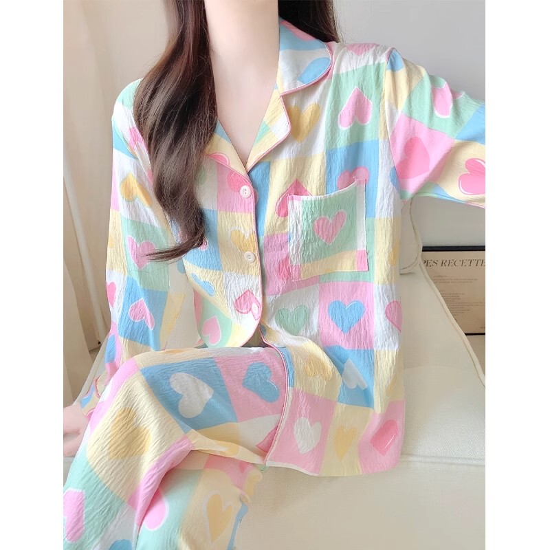 Japanese Bomp Dopamine Sweet Cloud Cotton Pajamas for Women, New Spring and Autumn Long-Sleeved Long Pants Two-Piece Set Loungewear