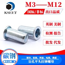 Spot Supply Blind Hole No Grain Flat Head Riveting Nut Iron Flat Head Pull Hat National Label Carbon Steel Galvanized Pull Riveting Nut