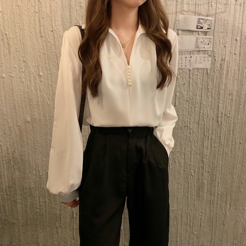 High-End V-Neck White Long-Sleeved Shirt for Women, New Autumn Style, Plus Size, Slimming, Workwear Shirt, French Style Top High-End V-Neck White Long-Sleeved Shirt for Women, New Autumn Style, Plus Size, Slimming, Workwear Shirt, French Style Top