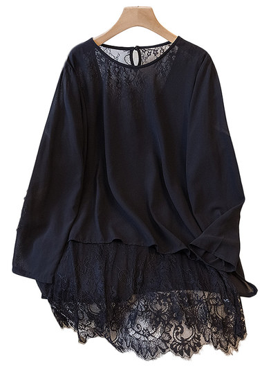 Женская блузка из черного шифона с кружевными вставками, длинным рукавом, весна-лето 2025, большие размеры, для полных женщин, верхняя одежда, имитация двухслойного топа