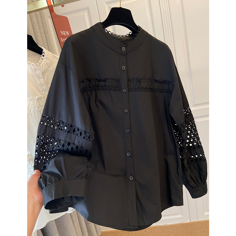 High-End Black Lace Hollow-Out Long-Sleeve Shirt Plus Size Women's Clothing 2026 Spring New Design Top for Plus-Size Women