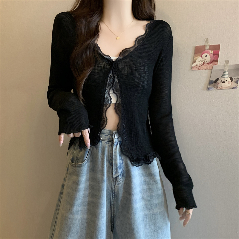 Lace-Trimmed Black Bamboo Cotton Ice Silk Sun Protection Jacket for Women, Summer Plus Size, Suitable for Wearing with Slip Dresses, Cardigan Top
