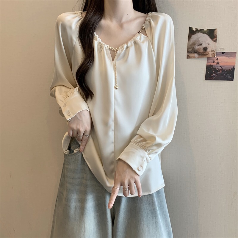 High-End Acetate Satin Long-Sleeved Shirt for Women, Spring Plus Size, French Light Luxury Babydoll Shirt, Mid-Length Top