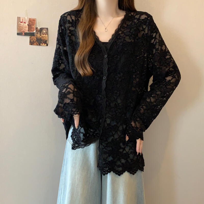 Black Mesh Hollow-Out Slightly See-Through Lace V-Neck Cardigan Jacket for Women 2026 Spring Plus Size Fat mm Mid-Length Top