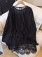 Женская блузка из черного шифона с кружевными вставками, длинным рукавом, весна-лето 2025, большие размеры, для полных женщин, верхняя одежда, имитация двухслойного топа