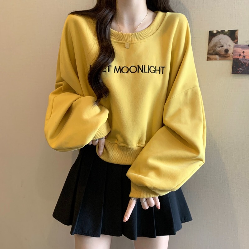 American-Style Street Fashion Yellow Long-Sleeve Sweatshirt for Women, Spring New Plus-Size Loose Fit to Cover Belly, Dopamine Top