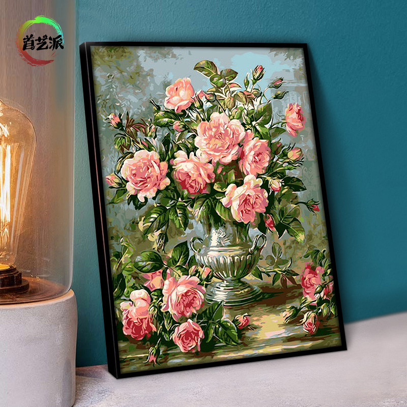 Digital oil painting coloring peony hand-painted Chinese style pastoral dining room filling handmade oil painting acrylic painting first art school