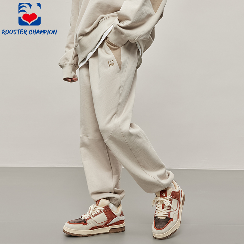 Rooster Champion Sweatpants for Men, Spring New Style, Loose Fit, Pumice Stone Color, Patchwork, Cuffed, Casual Embroidered Sports Trousers, Trendy
