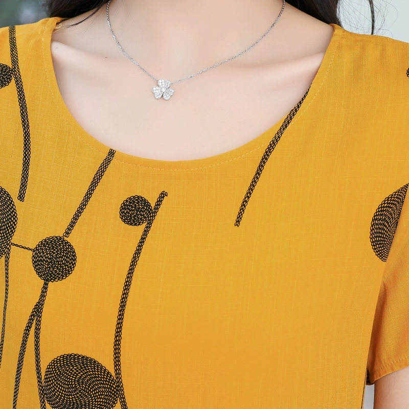 Váy lụa cotton cho phụ nữ trung niên và cao tuổi Áo dài mùa hè cho mẹ ngắn tay dài vừa phải - Phụ nữ cao cấp